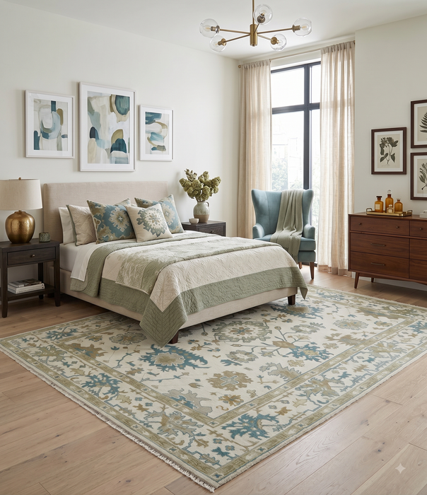Hand Knotted Ivory, Beige and Teal Traditional Oushak Wool Area Rug