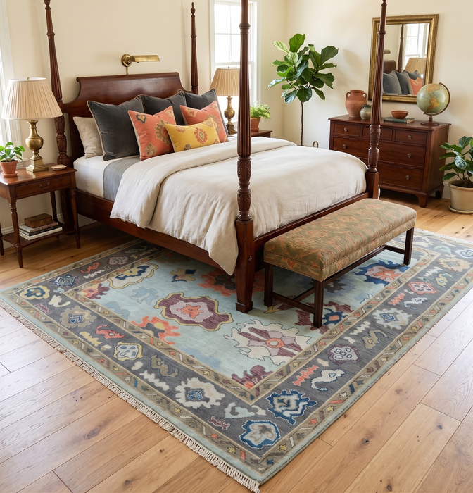 Custom Made Blue and Gray Hand Knotted Traditional Oushak Wool Area Rug