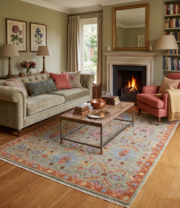 Vintage Style Rust, Pink and Blue Hand Knotted Traditional Oushak Multi Size wool Area Rug