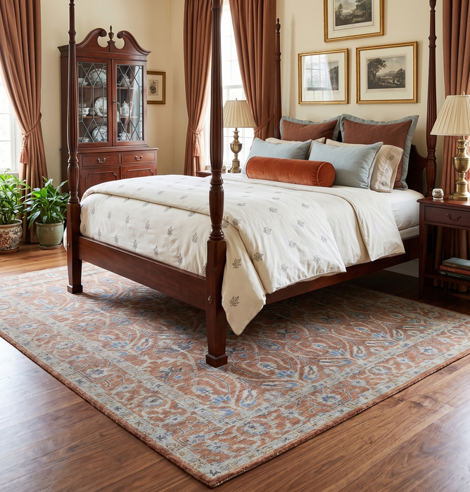 Vintage Style Hand Knotted Serapi Blue and Rust Traditional Custom Made Area Rug