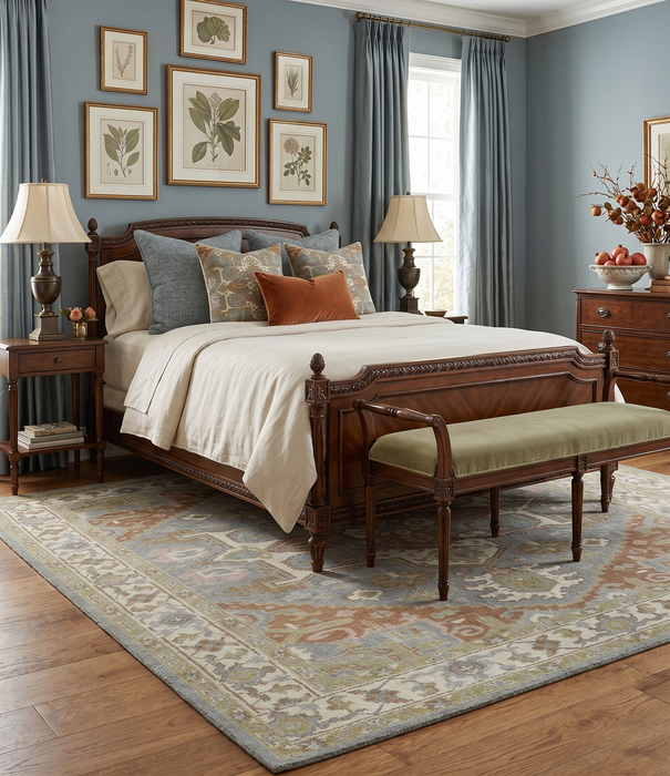 Antique Style Traditional Heriz Gray, Ivory, Peach and Olive Hand Knotted Multi Size wool Area Rug