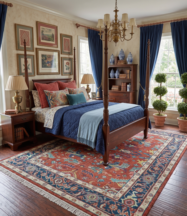 Custom Made Red And Blue Traditional Hand Knotted Wool Rug