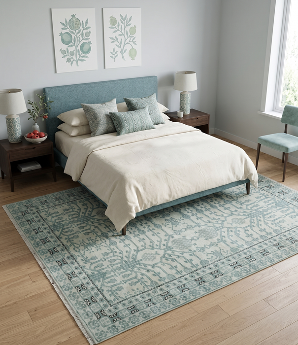 Custom Made Ivory And Gray Turkish Khotan Design Hand Knotted Wool Rug