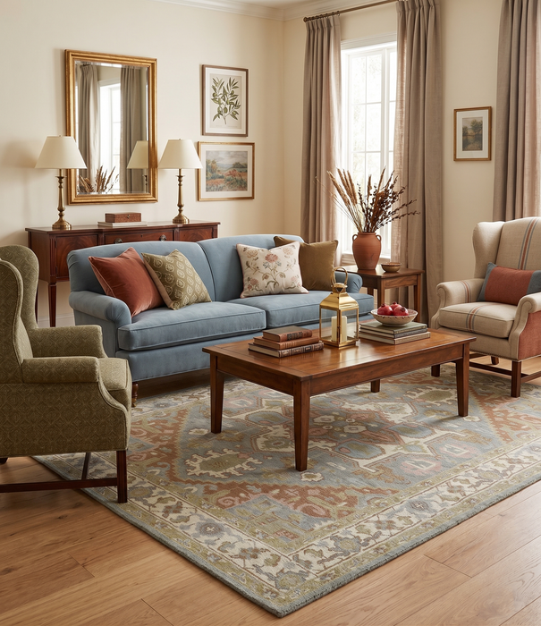 Antique Style Traditional Heriz Gray, Ivory, Peach and Olive Hand Knotted Multi Size wool Area Rug