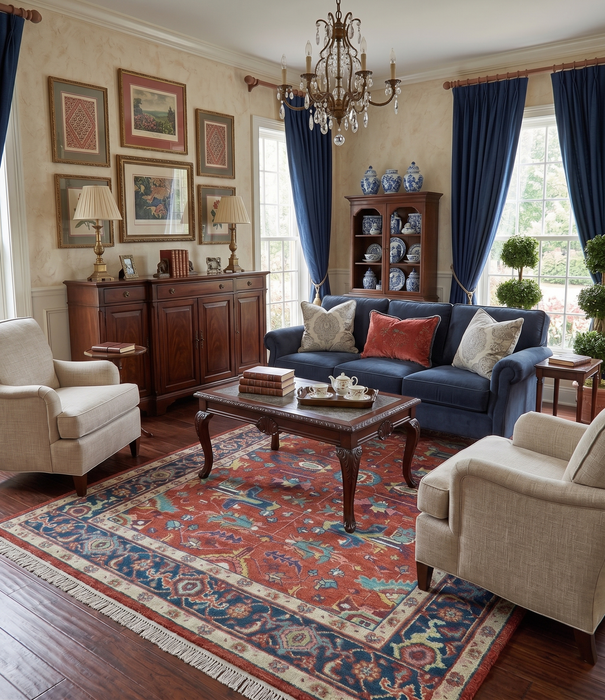 Custom Made Red And Blue Traditional Hand Knotted Wool Rug