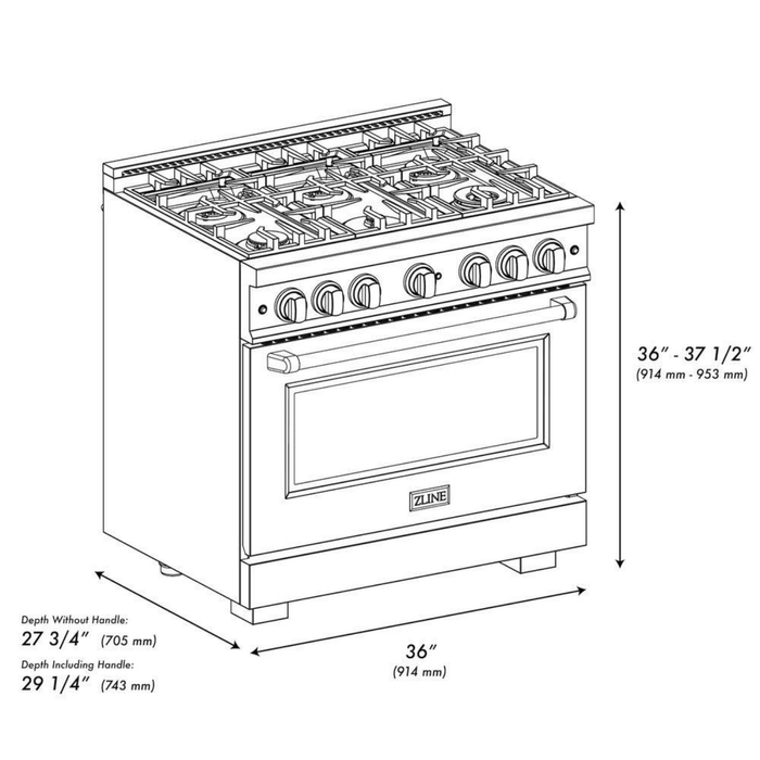 ZLINE 36" 5.2 cu. ft. Select Dual Fuel Range with 6 Burners in Black Stainless Steel, HDRB-36