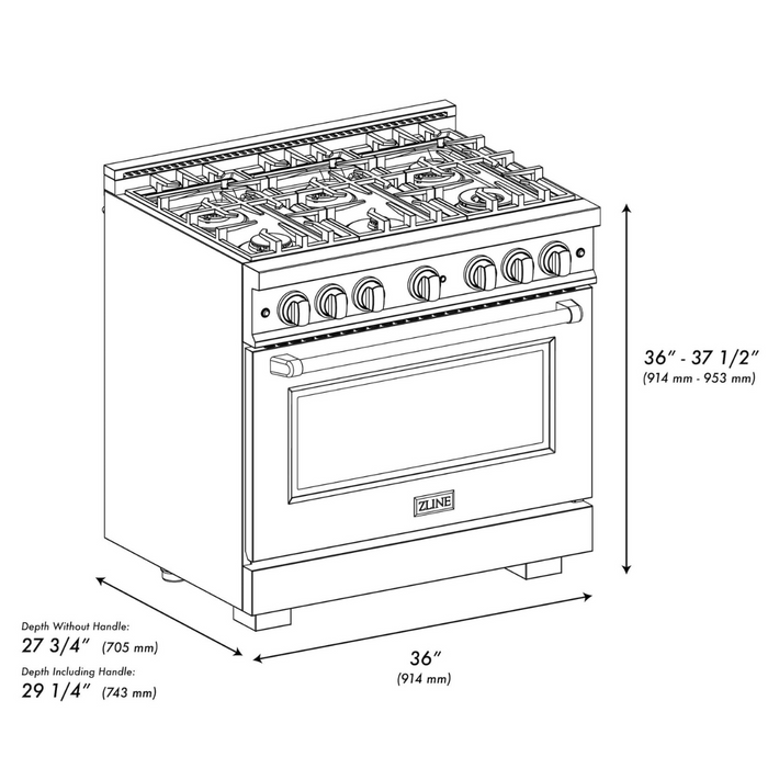 ZLINE Autograph Edition 36" 5.2 cu. ft. Select Dual Fuel Range with 6 Burners in Stainless Steel with Polished Gold Accents, HDRZ-36-G