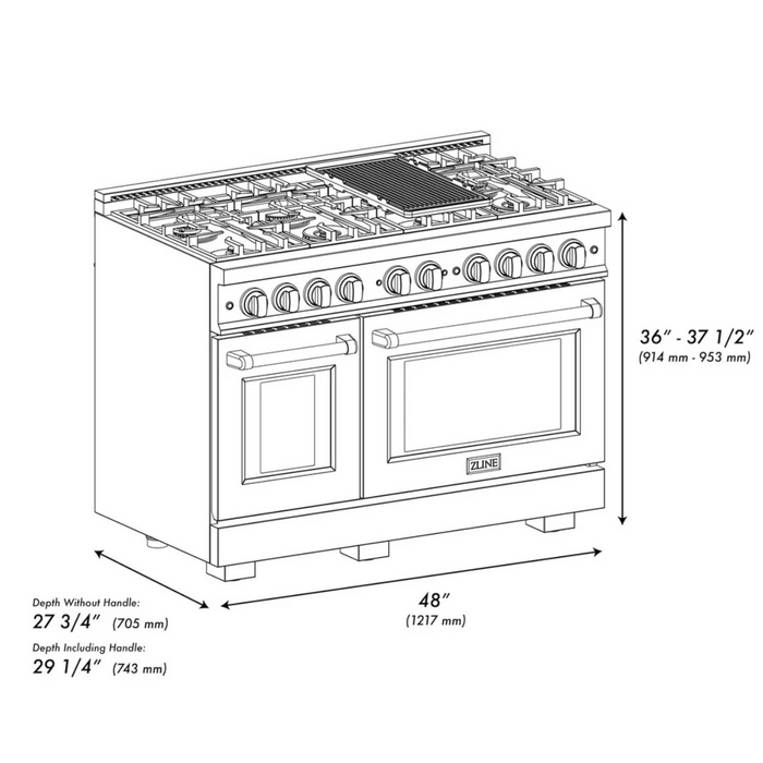 ZLINE Autograph Edition 48" 6.7 cu. ft. Select Double Oven Gas Range with 8 Burners in Stainless Steel with Black Matte Doors and Champagne Bronze Accents, HGRZ-BLM-48-CB