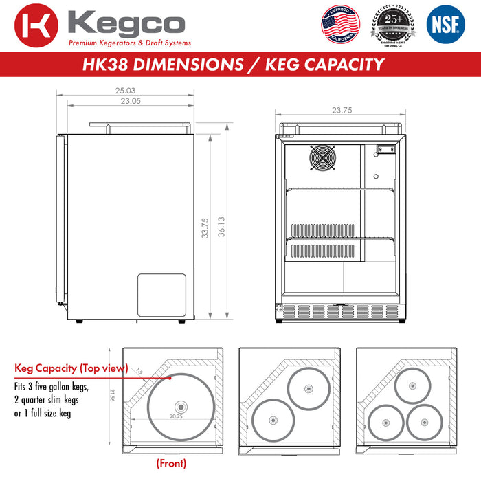 24" Wide Dual Tap Stainless Steel BuiltIn Right Hinge Kegerator with Kit