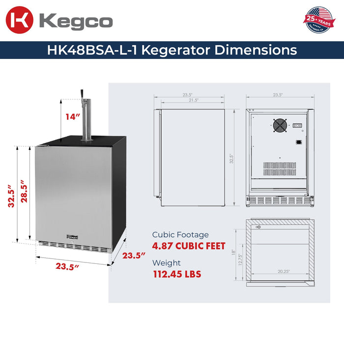 24" Wide Single Tap Stainless Steel Built-In Left Hinge ADA Kegerator with Kit