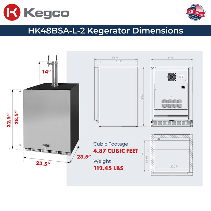 24" Wide Dual Tap Stainless Steel BuiltIn Left Hinge ADA Kegerator with Kit