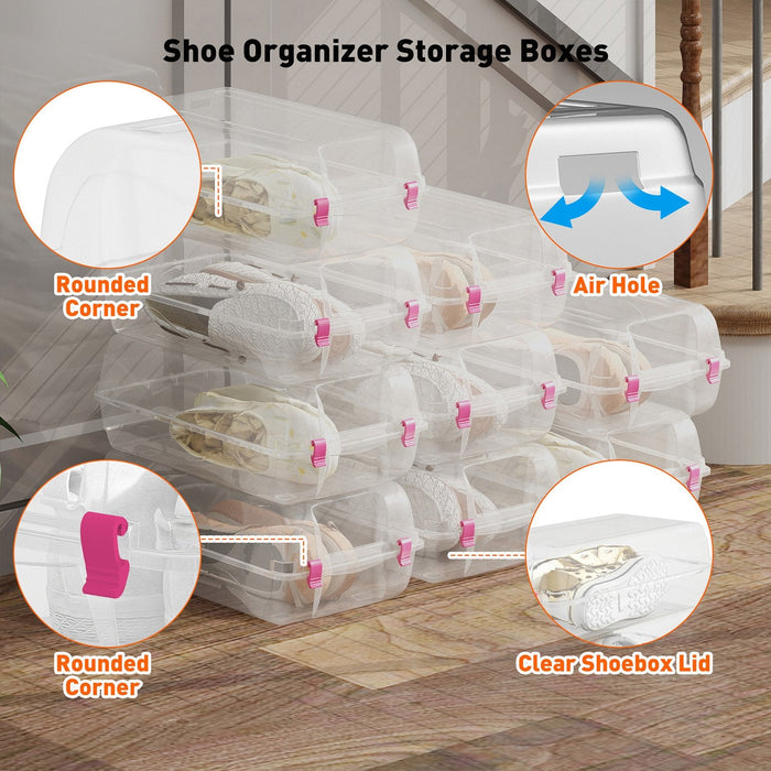 Set of 4 Shoe Storage Box Clear Plastic Stackable Shoe Organizer with Lids, Pink