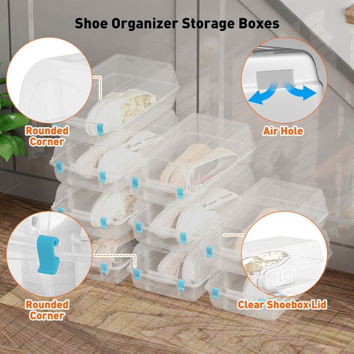 Set of 4 Shoe Storage Box Clear Plastic Stackable Shoe Organizer with Lids, Blue