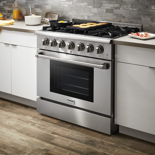 THOR Kitchen Package - 36" Dual Fuel Range, Range Hood, Refrigerator, Dishwasher, Wine Cooler, AP-HRD3606U-4