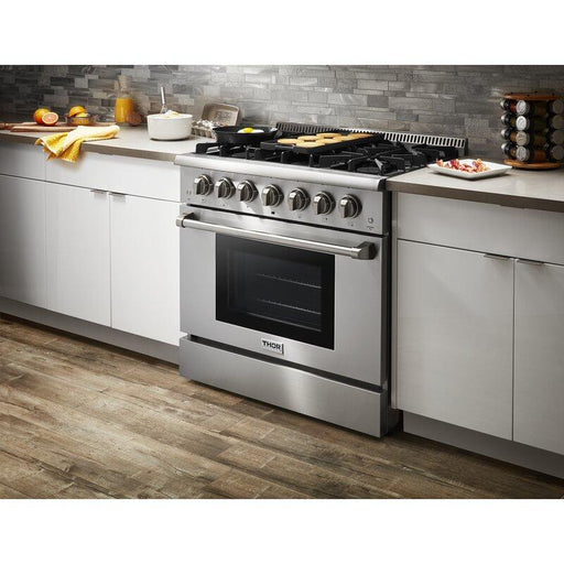 THOR Kitchen Package - 36" Dual Fuel Range, Range Hood, Refrigerator with Water and Ice Dispenser, Dishwasher, Wine Cooler, AP-HRD3606U-11