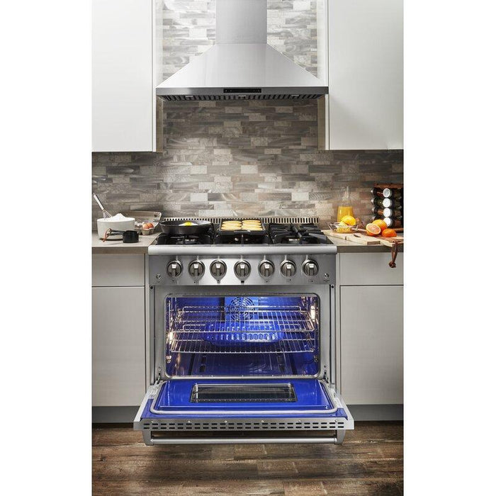 THOR Kitchen Package - 36" Dual Fuel Range, Range Hood, Refrigerator with Water and Ice Dispenser, Dishwasher, Wine Cooler, AP-HRD3606U-11