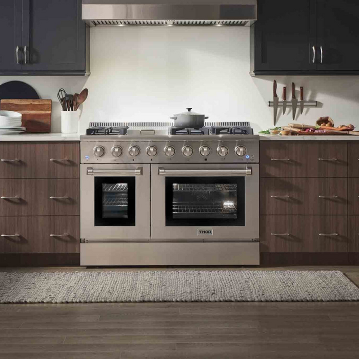THOR Kitchen Package - 48" Dual Fuel Range, Range Hood, Refrigerator, Dishwasher, Microwave, Wine Cooler, AP-HRD4803U-W-6