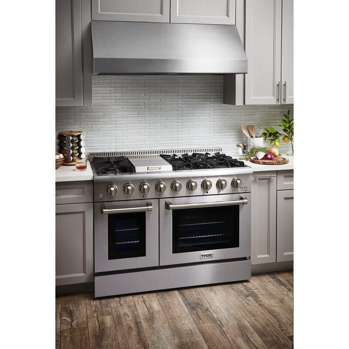 Thor Kitchen Package - 48" Dual Fuel Range, Range Hood, Refrigerator with Water and Ice Dispenser, Dishwasher, Microwave, Wine Cooler, AP-HRD4803U-14