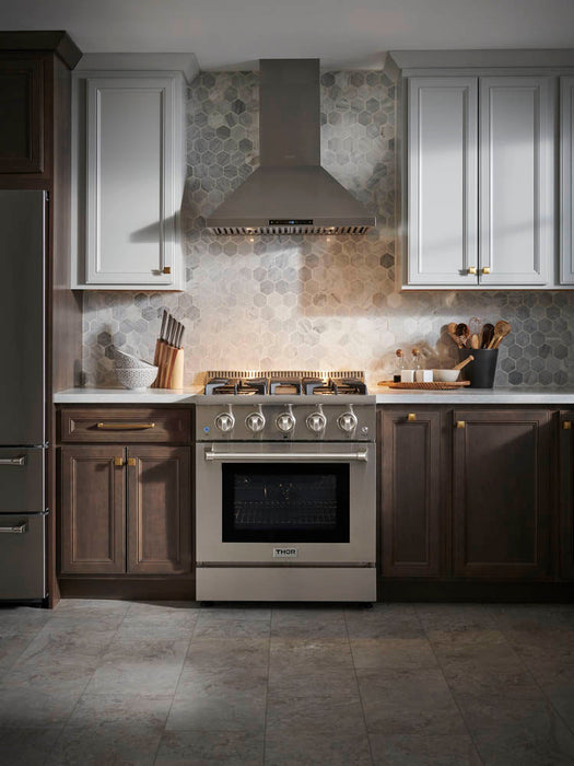 THOR Kitchen Package - 30" Electric Range, Range Hood, Refrigerator, Dishwasher, Wine Cooler, AP-ARE30-4