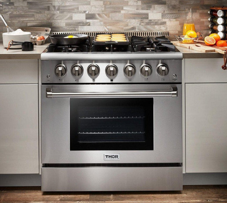 Thor Kitchen Package - 36 In. Natural Gas Burner/Electric Oven Range, Range Hood, Refrigerator, Dishwasher, AP-HRD3606U-W-11