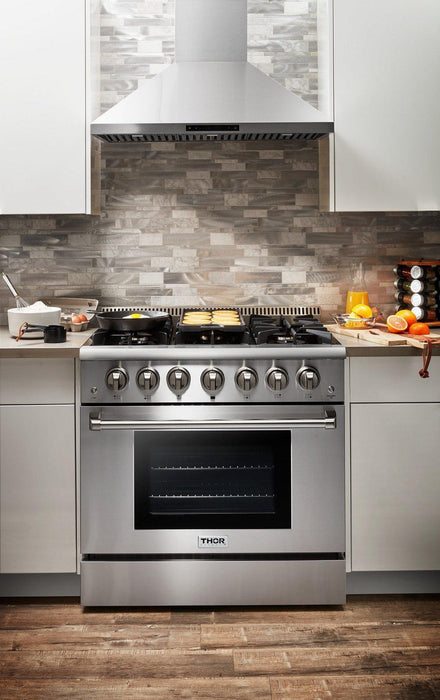 Thor Kitchen Package - 36" Propane Gas Range, Range Hood, Microwave, Refrigerator, Dishwasher, Wine Cooler, AP-HRG3618ULP-8