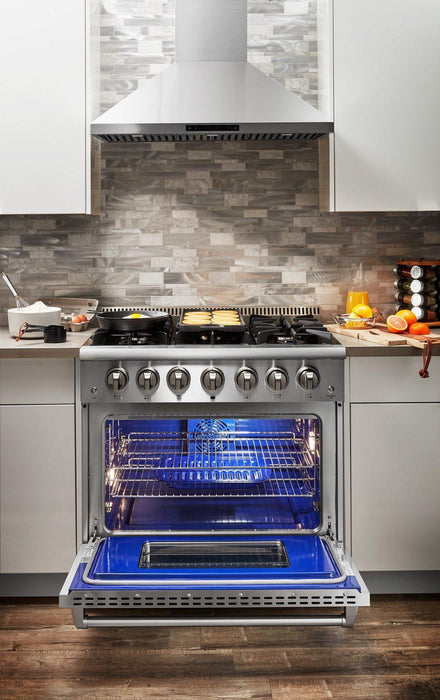 THOR Kitchen Package - 36" Propane Gas Range, Range Hood, Refrigerator with Water and Ice Dispenser, Dishwasher, AP-HRG3618ULP-10