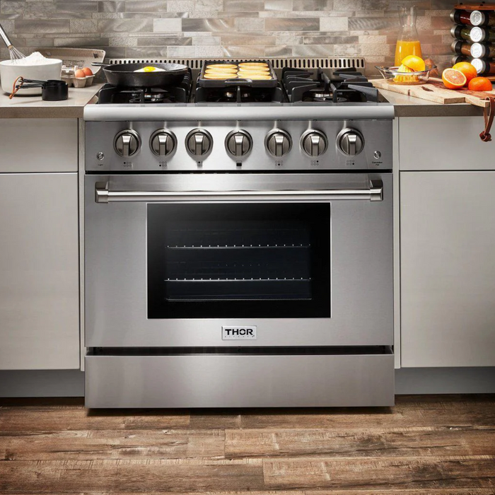 THOR Kitchen Package - 36" Gas Range, Range Hood, Refrigerator, Dishwasher, Wine Cooler, AP-HRG3618U-C-3