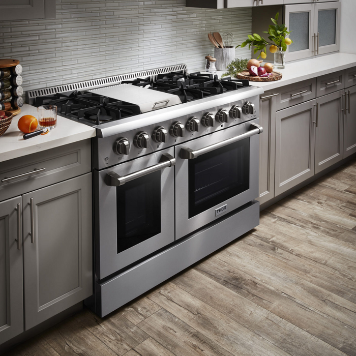 THOR Kitchen Package 48" Propane Gas Range, Range Hood, Refrigerator, Dishwasher, Microwave, Wine Cooler, AP-HRG4808ULP-8