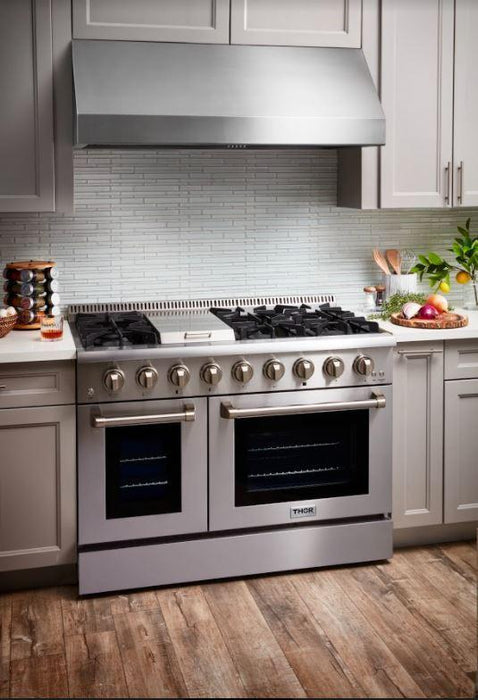 THOR Kitchen Package - 48" Gas Range, Range Hood, Refrigerator with Water and Ice Dispenser, Dishwasher, Wine Cooler, AP-HRG4808U-W-8