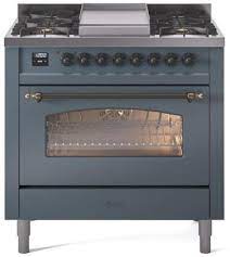 ILVE Nostalgie II 36" Dual Fuel Natural Gas Range in Blue Grey with Bronze Trim, UP36FNMPBGB