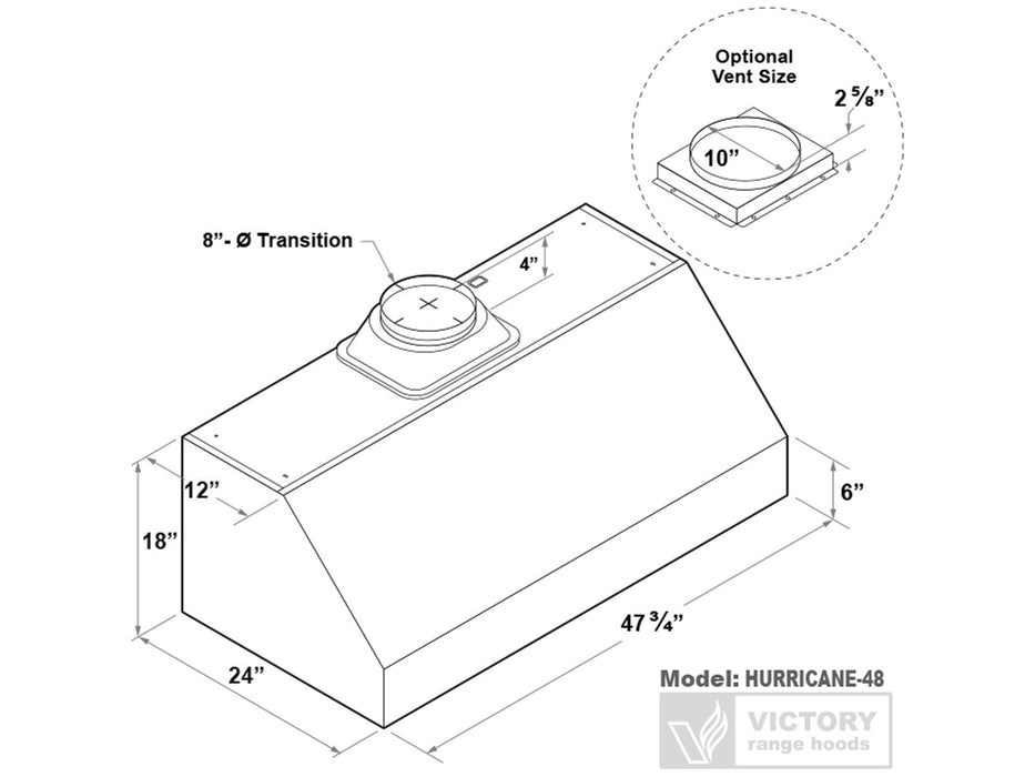 48 Inch 1200 CFM Under Cabinet Range Hood - VICTORY Hurricane