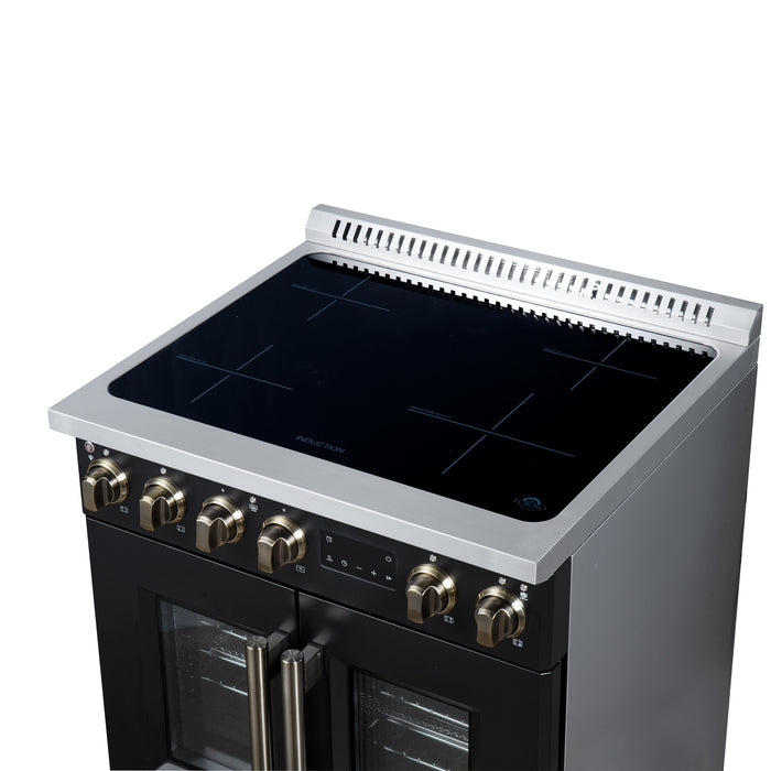Torino French Door 30 Inch Induction Range with Air Fryer, Air Sous Vide & True Convection, Dual Broiler, Black