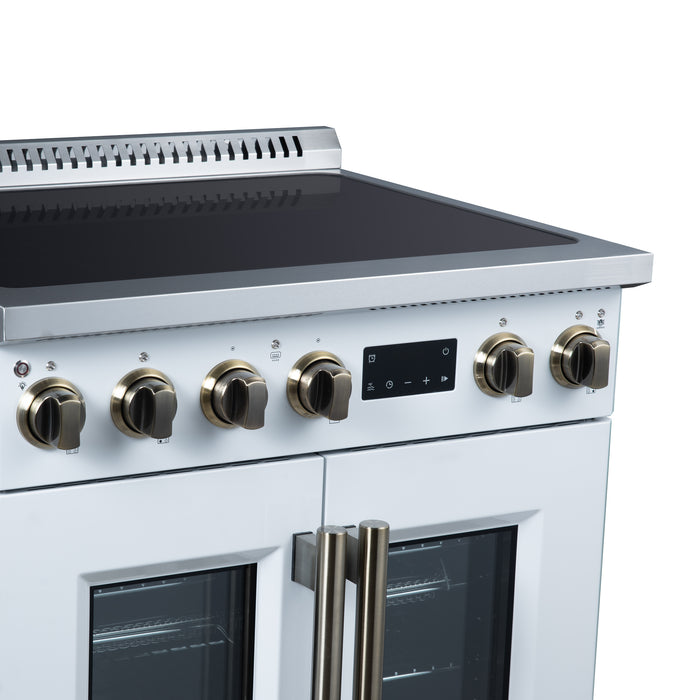 Torino French Door 30 Inch Induction Range with Air Fryer, Air Sous Vide & True Convection, Dual Broiler, White