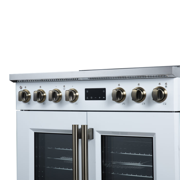 Torino French Door 36 Inch Induction Range with Air Fryer, Air Sous Vide & True Convection, Dual Broiler, White