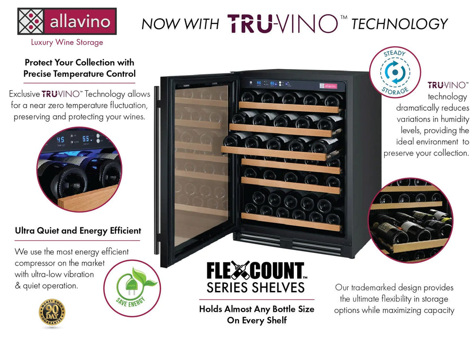 24" Wide FlexCount II Tru-Vino 56 Bottle Single Zone Black Left Hinge Wine Refrigerator