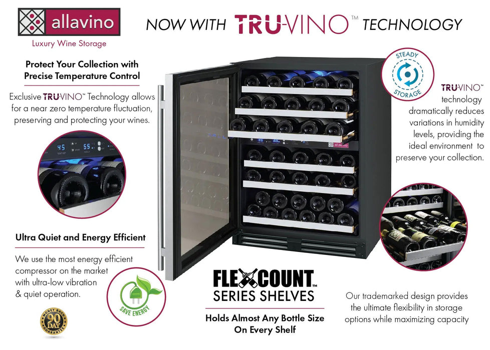 24" Wide FlexCount II Tru Vino 56 Bottle Dual Zone Stainless Steel Left Hinge Wine Refrigerator