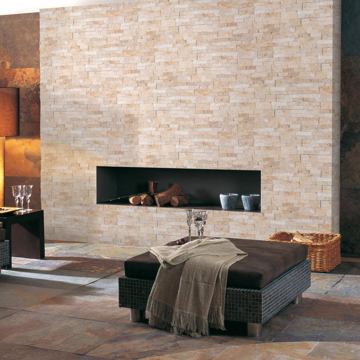 Ivory Beige Ledger 3D Panel 6"x24" Split-face Natural Travertine Wall Tile - Belair Collection