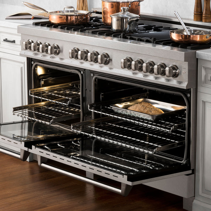 ZLINE 60 in. Professional Gas Burner, 7.6 cu. ft. Electric Oven in DuraSnow® Stainless and Brass Burner Set, RAS-SN-BR-60