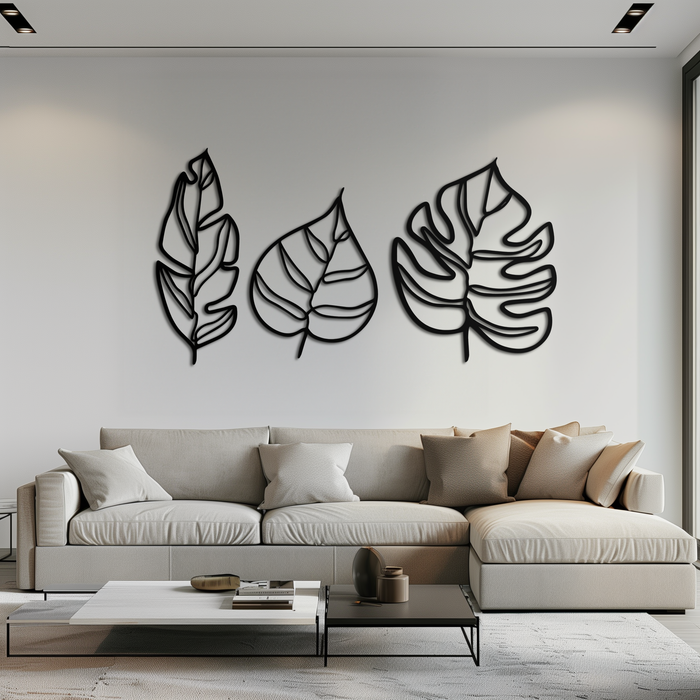 Geometric Leaf Trio Metal Wall Art - Modern Botanical Steel Decor - KAF114