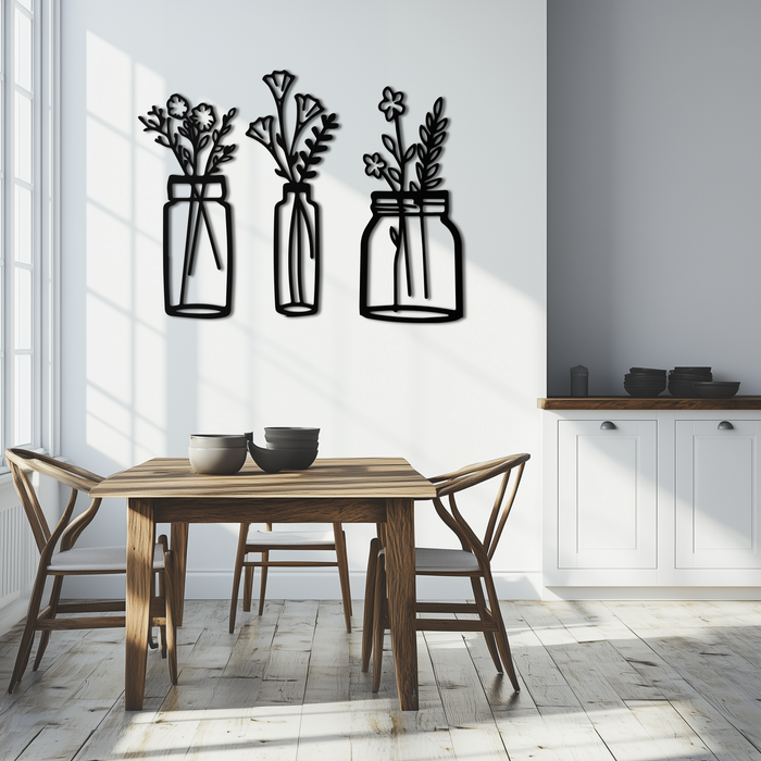 Floral Vase Metal Wall Art - 3-Piece Modern Steel Wall Decor - KAF118