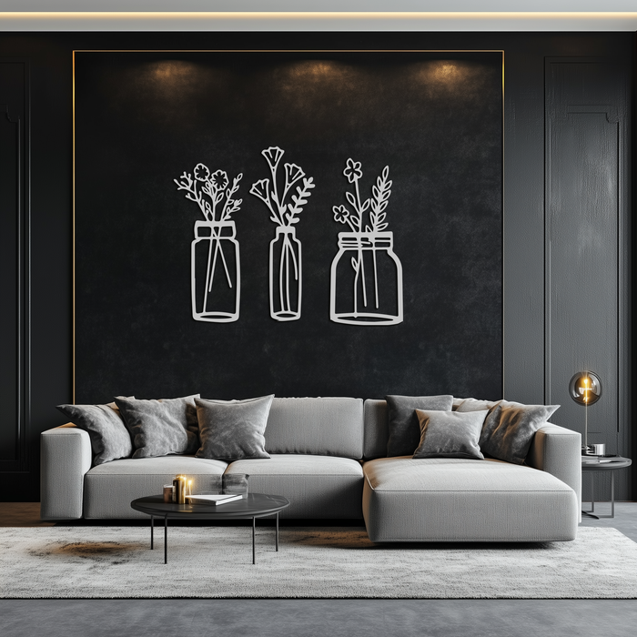 Floral Vase Metal Wall Art - 3-Piece Modern Steel Wall Decor - KAF118