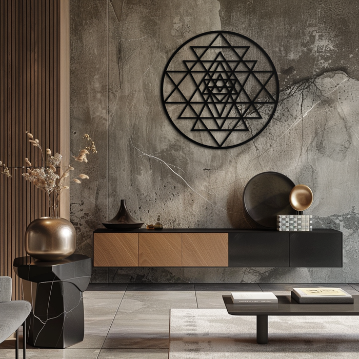 Geometric Sri Yantra Metal Wall Art - Sacred Geometry Steel Decor - KAF122