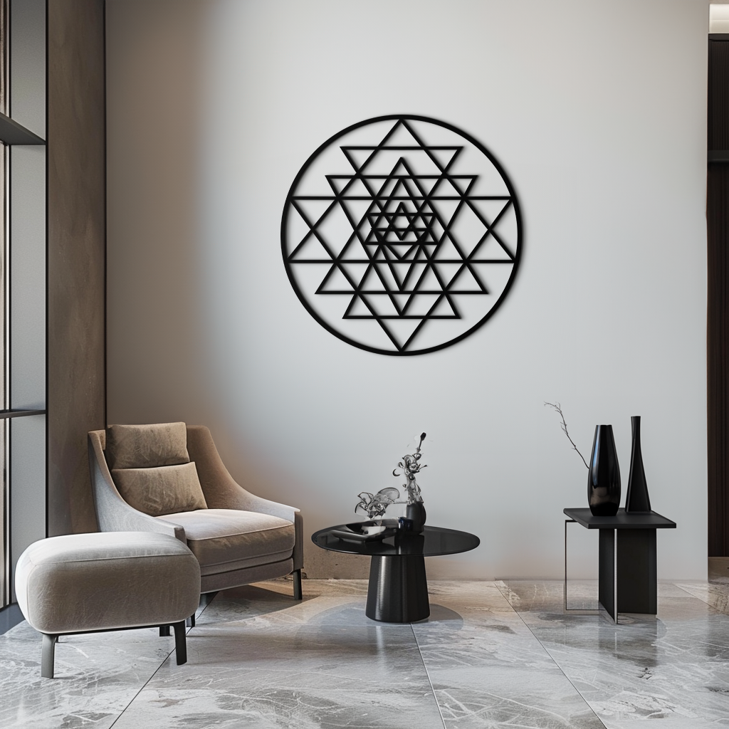 Geometric Sri Yantra Metal Wall Art - Sacred Geometry Steel Decor - KA