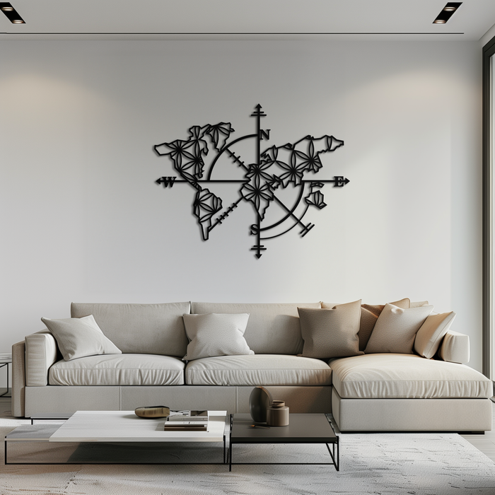 Geometric World Map Metal Wall Art - Modern Compass-Inspired Steel Decor - KAF131