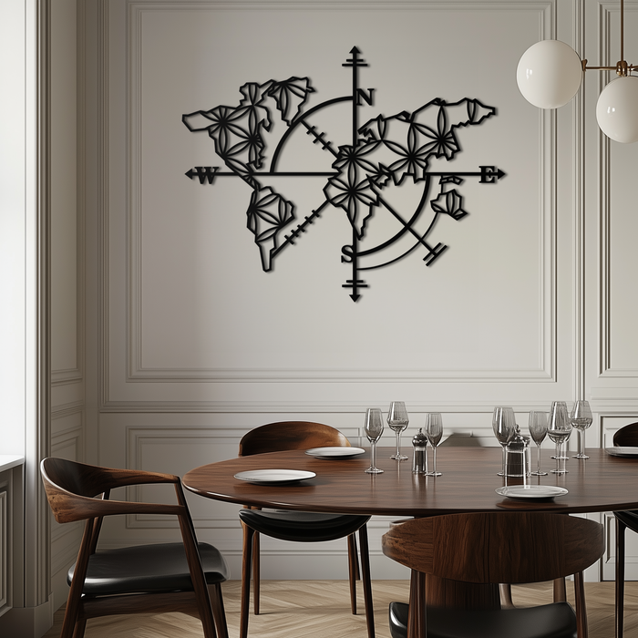 Geometric World Map Metal Wall Art - Modern Compass-Inspired Steel Decor - KAF131