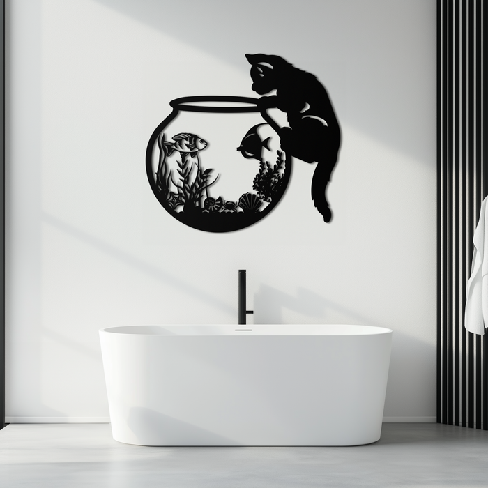 Curious Cat and Fishbowl Metal Wall Art - Playful Geometric Steel Decor - KAF135
