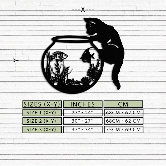 Curious Cat and Fishbowl Metal Wall Art - Playful Geometric Steel Decor - KAF135