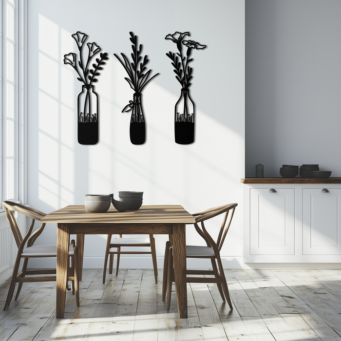 Rustic Floral Bottle Metal Wall Art - Elegant Vase & Flower Steel Decor - KAF142