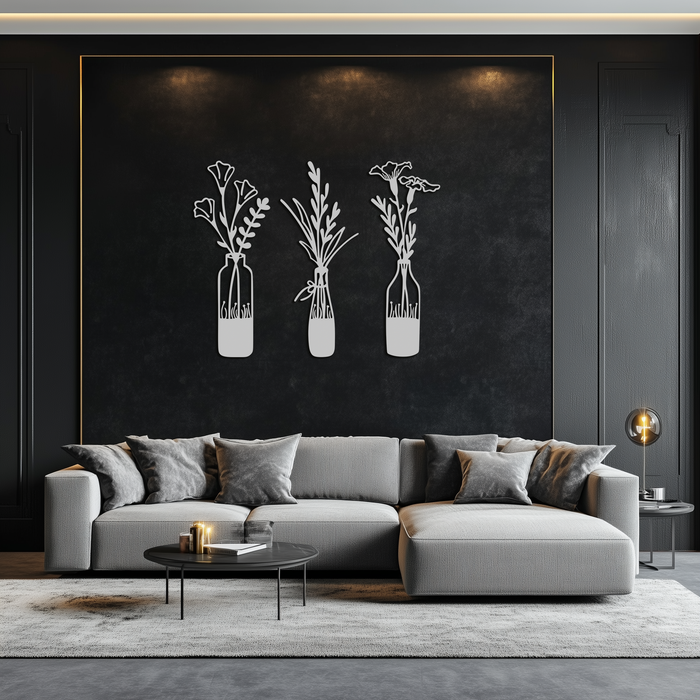 Rustic Floral Bottle Metal Wall Art - Elegant Vase & Flower Steel Decor - KAF142