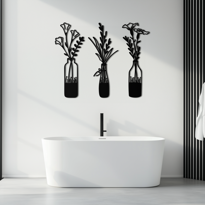 Rustic Floral Bottle Metal Wall Art - Elegant Vase & Flower Steel Decor - KAF142